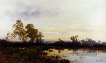 Teich See Wassfall Werke - Sonnenuntergang über einem Hof Landschaft Alfred de Breanski Snr